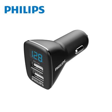 PHILIPS 雙USB 2.1A電壓顯示車用充電器
