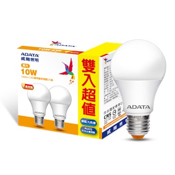 ADATA威剛10W高效能LED球燈泡-黃光(2入)