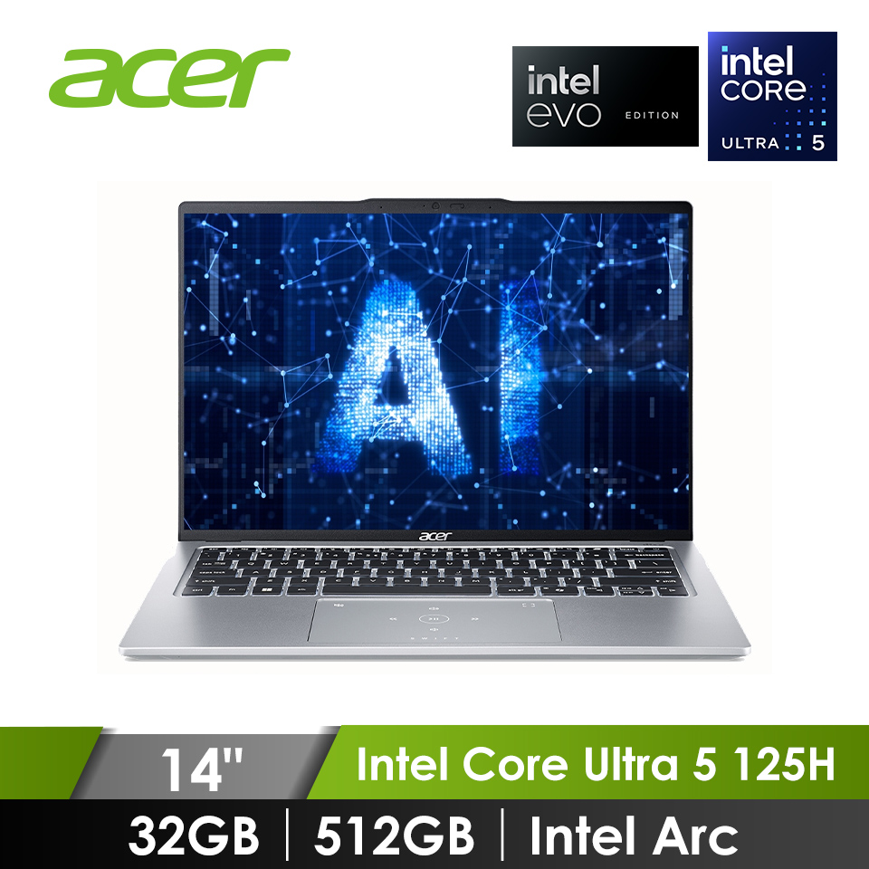 宏碁 ACER Swift Go OLED 筆記型電腦 14" (Intel Core Ultra 5 125H/32GB/512GB/Intel Arc/W11/EVO認證) 銀