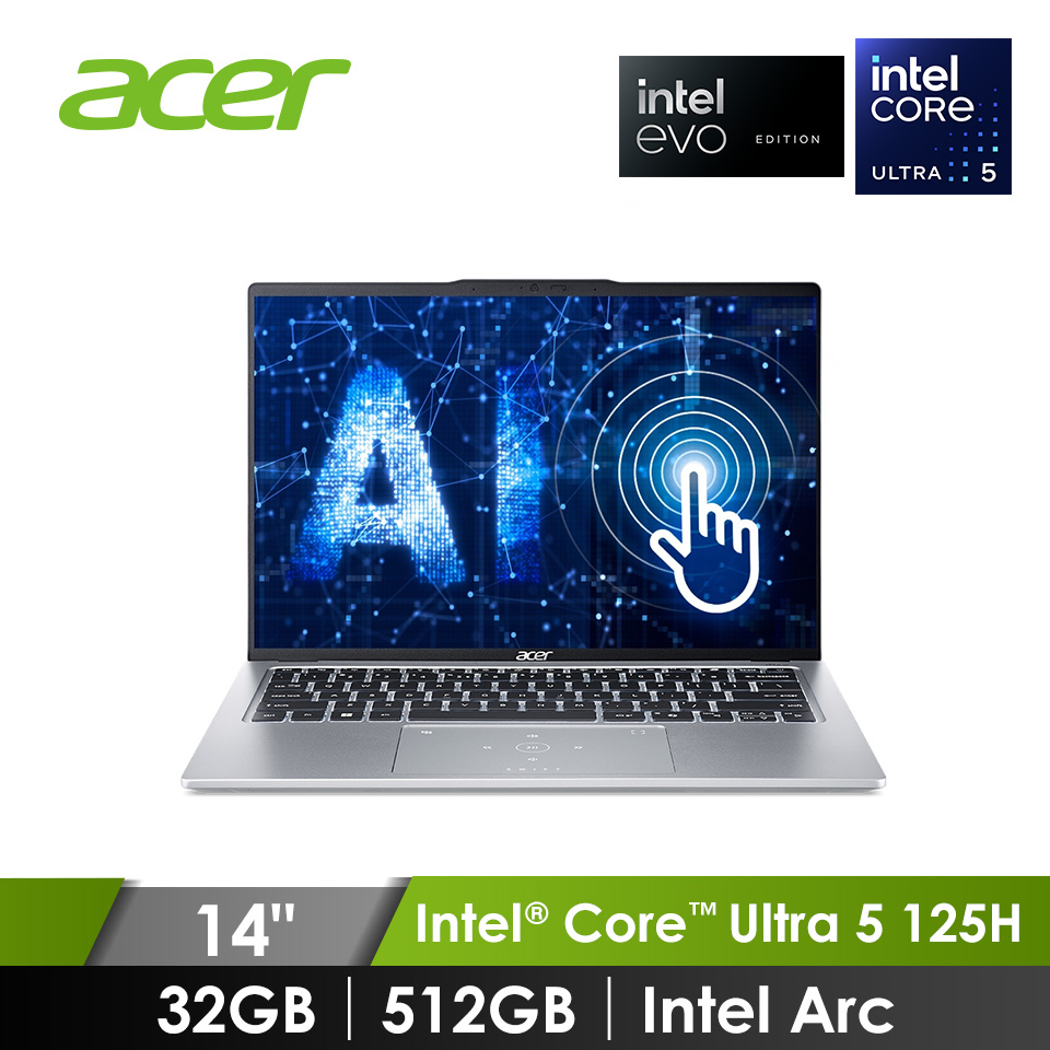 宏碁 ACER Swift Go AI觸控筆電 14" (Intel Core Ultra 5 125H/32GB/512GB/Intel Arc/W11/EVO認證) 銀