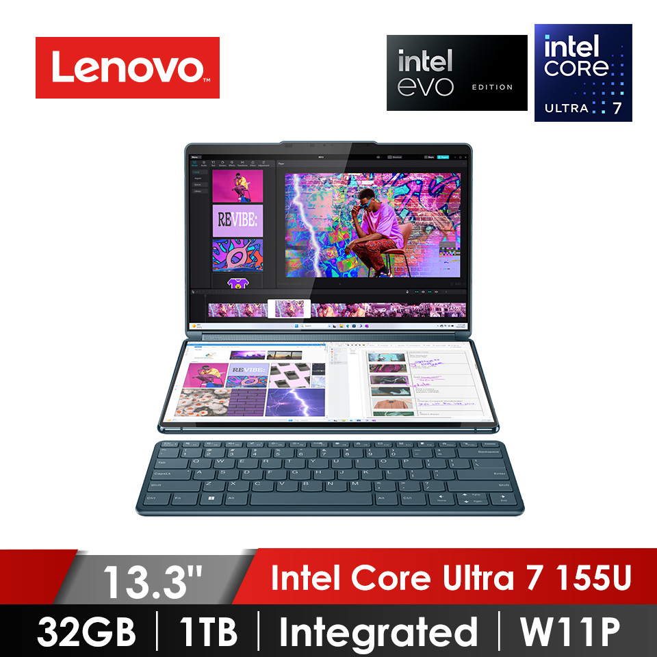 聯想 Lenovo Yoga Book 9i OLED 觸控雙螢幕筆電 13.3&#034; (Intel Core Ultra 7 155U&#47;32GB&#47;1TB&#47;Integrated&#47;W11P&#47;EVO認證) 青色