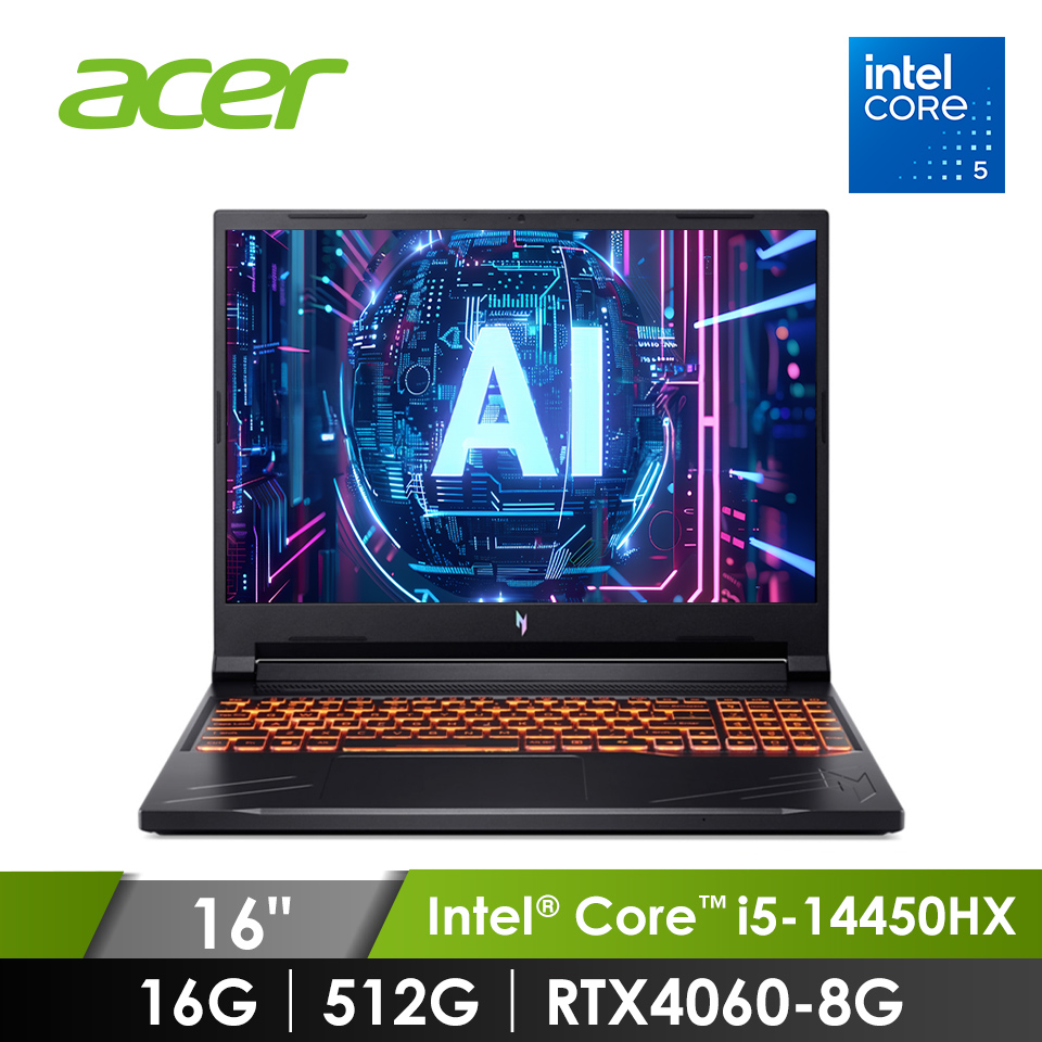 宏碁 ACER Nitro V AI電競筆電 16&#034; (Intel Core i5-14450HX&#47;16G&#47;512G&#47;RTX4060-8G&#47;W11)