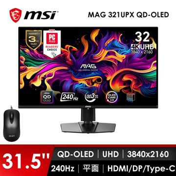 微星MSI 32型 UHD 平面電競螢幕-加滑鼠 (31.5"/3840x2160/240Hz/0.03ms/QD-OLED)