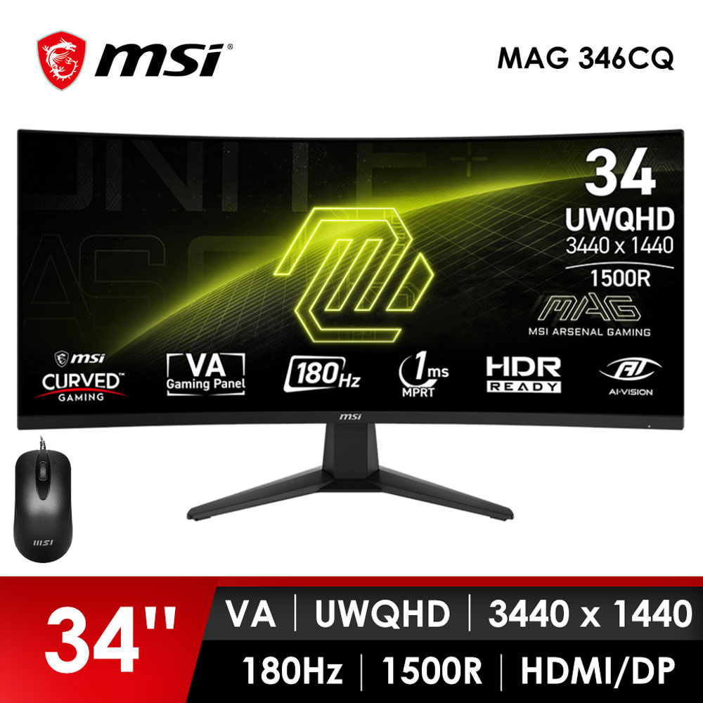 微星MSI 34型 UWQHD 曲面電競螢幕-加滑鼠 (34"/3440x1440/180Hz/VA/曲面)