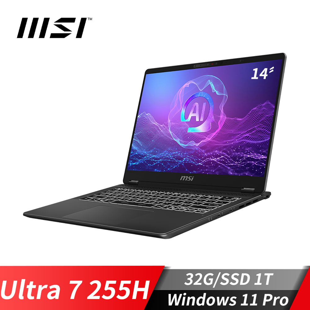 微星MSI Prestige 14 AI Evo 商務筆電 (Ultra 7 255H/32G/1T SSD/Win11Pro/灰)