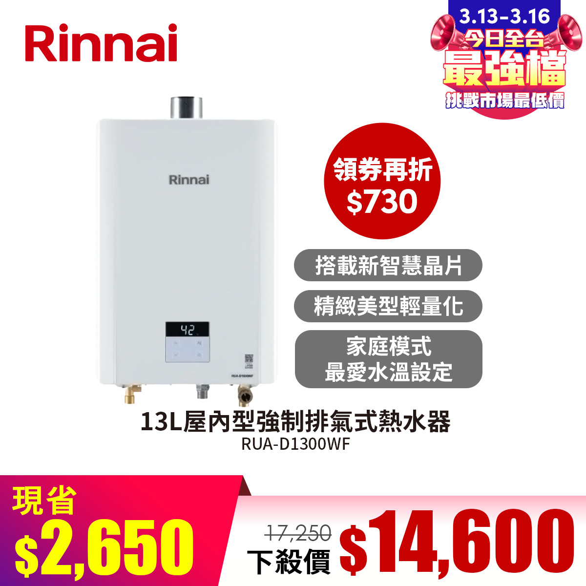 林內13L(NG1/FE式)屋內型強制排氣式熱水器RUA-D1300WF_NG天然氣