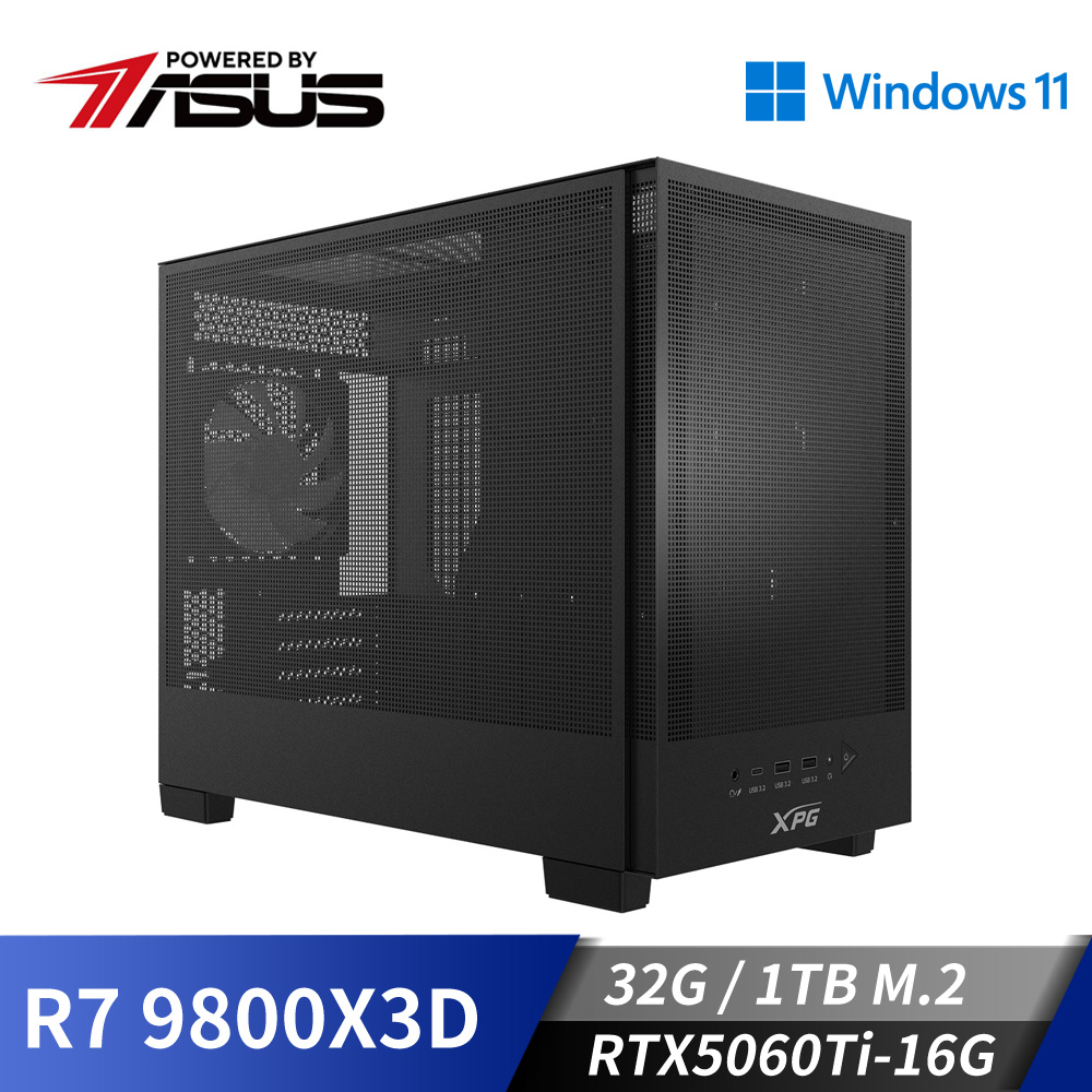 華碩平台[大地雄兵]R7獨顯Win11水冷電腦 (R7 9800X3D/32G/RTX5060Ti-16G/1TB_M2)