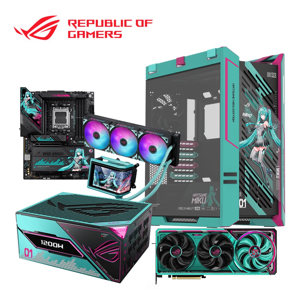 ASUS ROG X MIKU 初音聯名款 主機板+RTX 5080顯示卡+電競機殼+龍王四代風扇+電源供應器