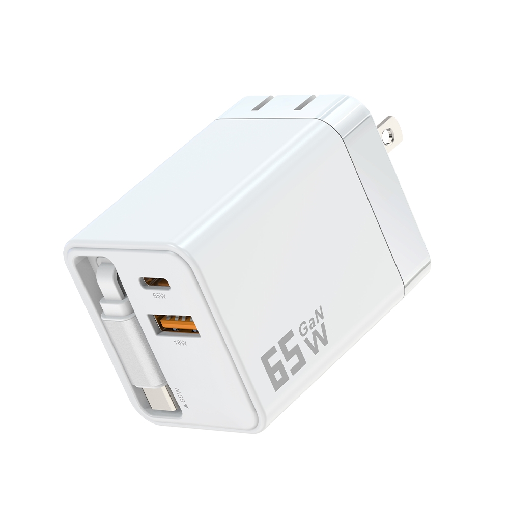 MCK 自帶線二孔氮化鎵快充65W-白