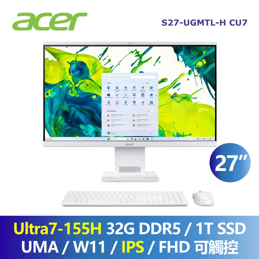 宏碁 ACER  Aspire 27型 FHD AIO觸控桌機 (Intel Core Ultra7-155H/32G/1T/UMA/W11)
