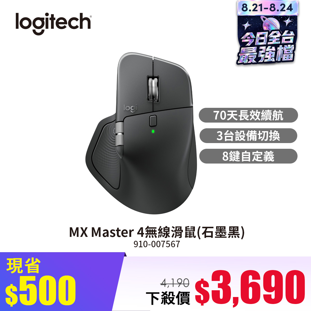 羅技 Logitech MX Master 4無線滑鼠-石墨黑