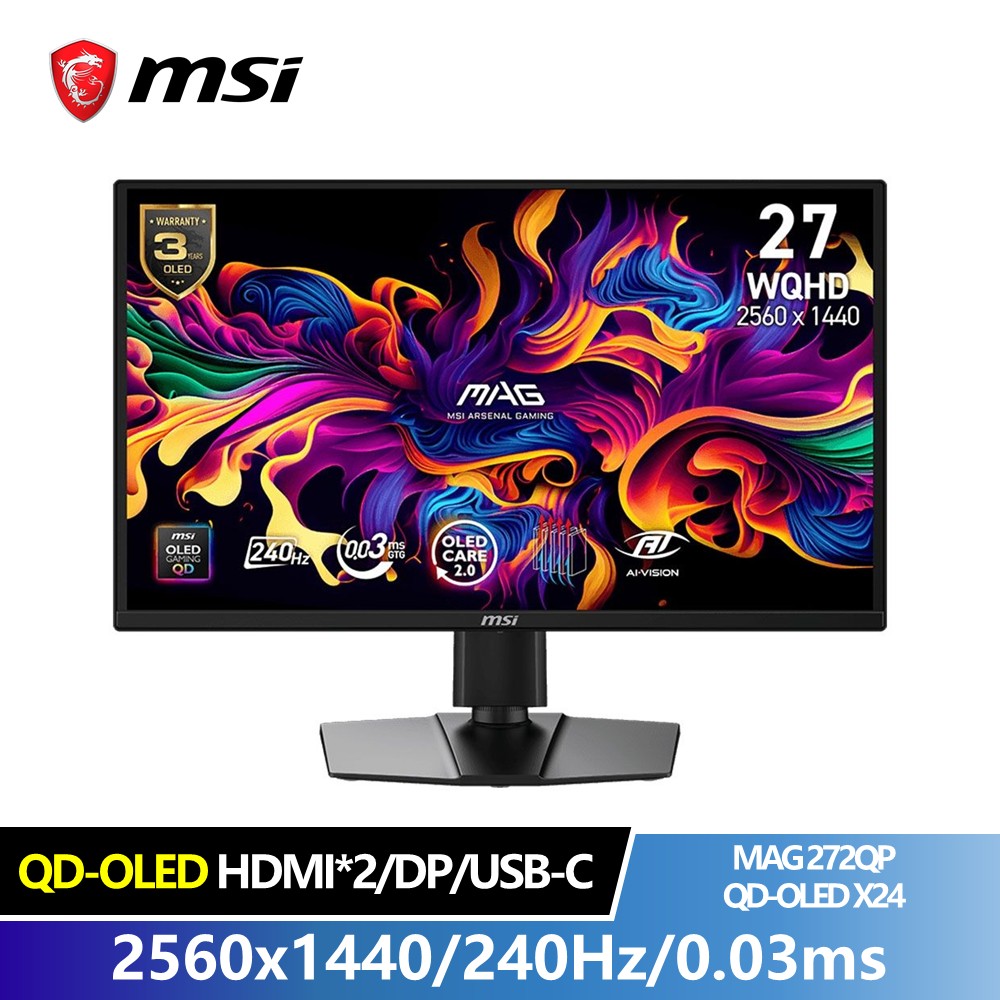 微星 MSI 27型 WQHD QD-OLED 平面電競螢幕 (2560x1440/240Hz/0.03ms)