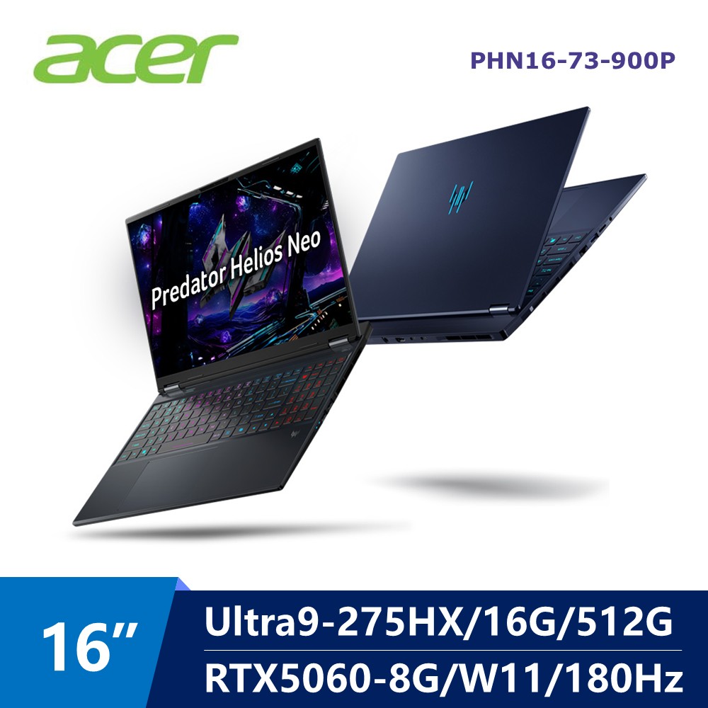宏碁 ACER Predator AI電競筆電 16" (Intel Core Ultra9-275HX/16G/512G/RTX5060-8G/W11) 黑