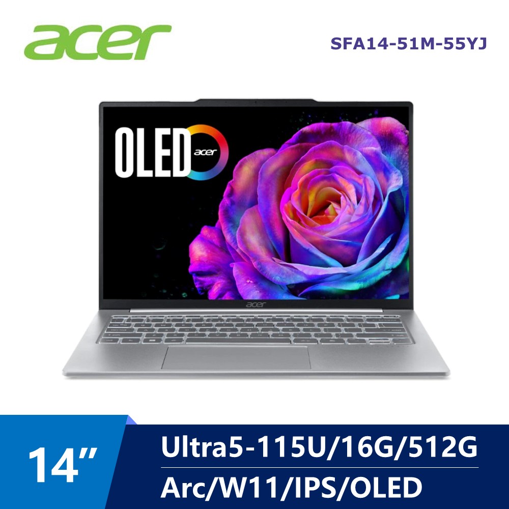 宏碁 ACER Swift Air OLED AI筆電 14" (Intel Core Ultra5-115U/16G/512G/Arc/W11) 銀