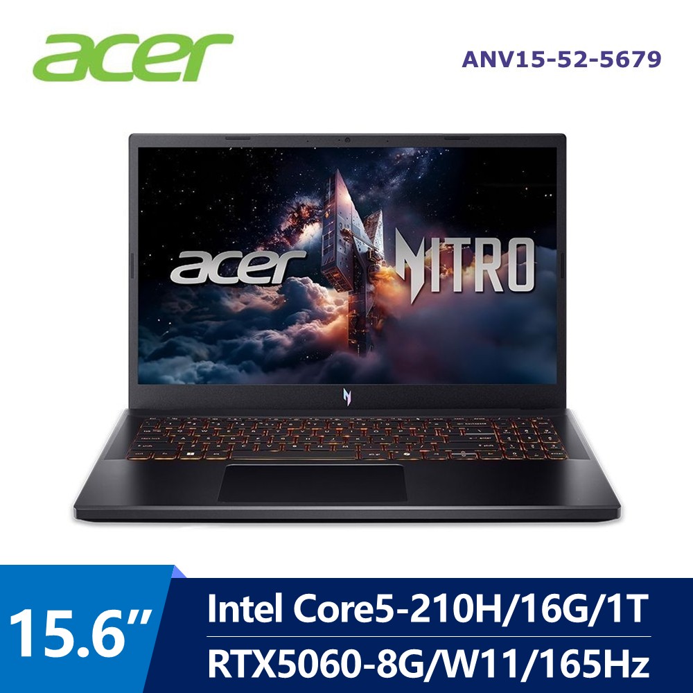 宏碁 ACER Nitro V AI電競筆電 15.6" (Intel Core 5-210H/16G/1T/RTX5060-8G/W11) 黑