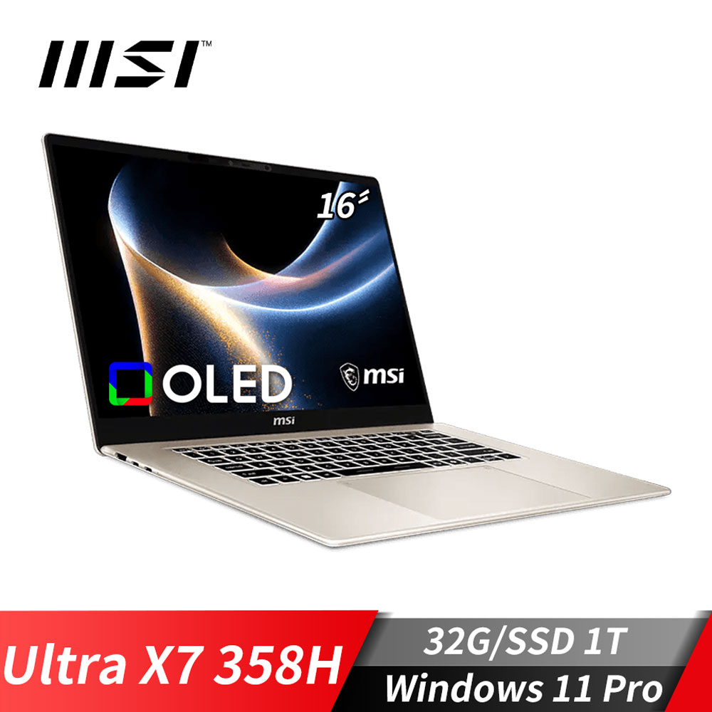 微星MSI Prestige 16 AI+ 商務筆電 (Ultra X7 358H/32G/1T SSD/Win11Pro/金色)