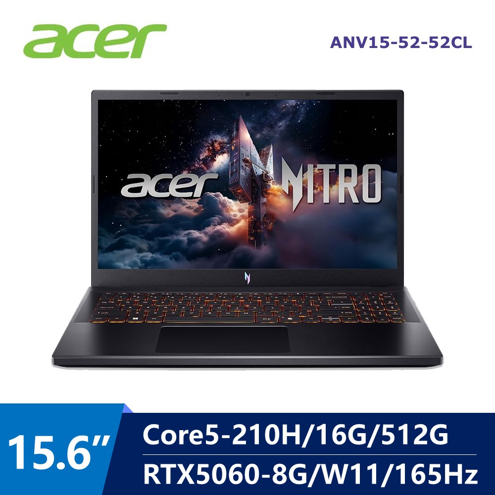 宏碁 ACER Nitro V AI電競筆電 15.6" (Intel Core 5-210H/16G/512G/RTX5060-8G/W11) 黑
