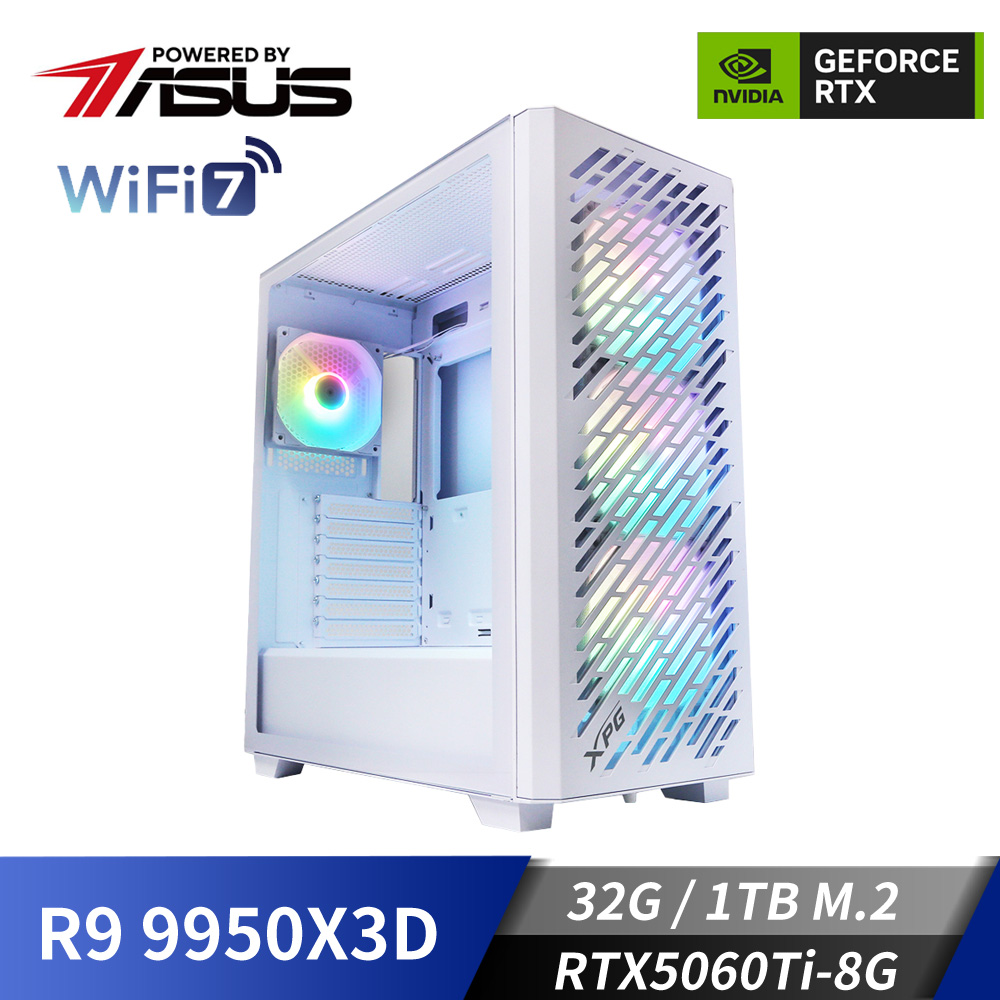 華碩平台[飛翔鬥神]R9獨顯Win11水冷電腦 (R9 9950X3D/32G/RTX5060Ti/1TB_M2)