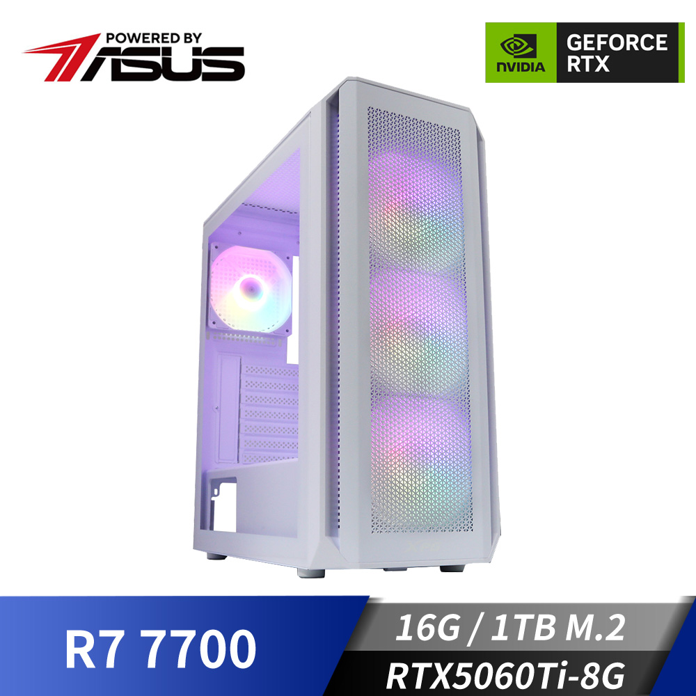 華碩平台[天峰戰兵]R7獨顯Win11電腦 (R7 7700 MPK/16G/RTX5060Ti/1TB_M2)