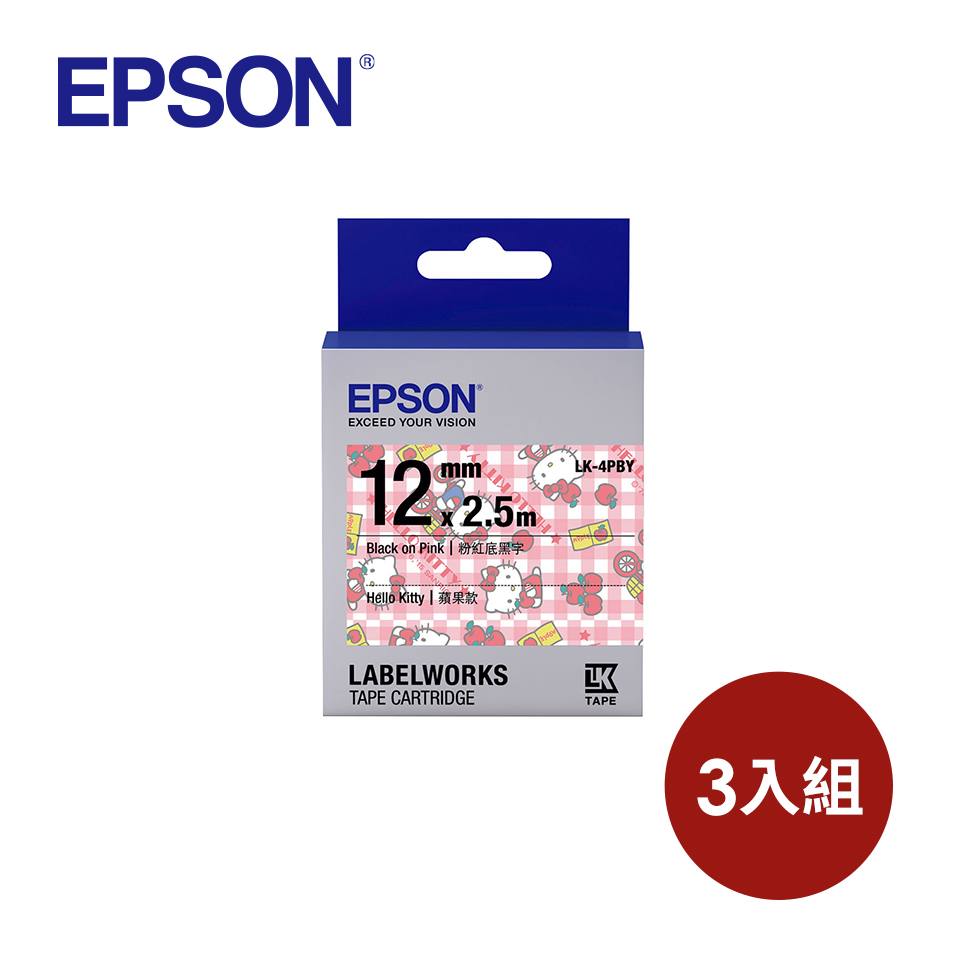 (3入組)愛普生EPSON LK-4PBY Kitty系列粉紅底黑字標籤帶