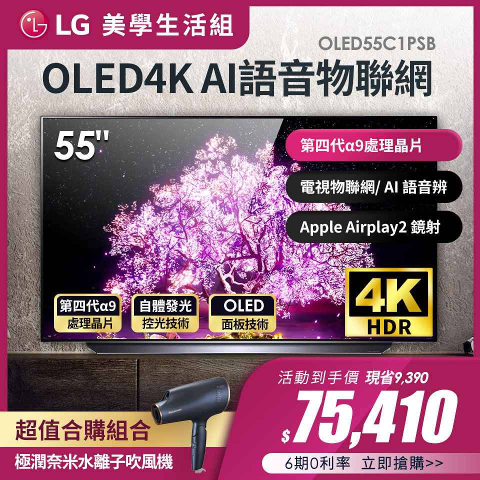 (美學生活組)LG 55型OLED 4K AI語音物聯網電視+Panasonic 極潤奈米水離子吹風機EH-NA0E-A