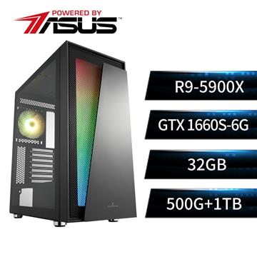 華碩平台[雷霆勇者]R9十二核獨顯SSD電腦(R9-5900X/X570/32G/GTX1660S/500G+1T)
