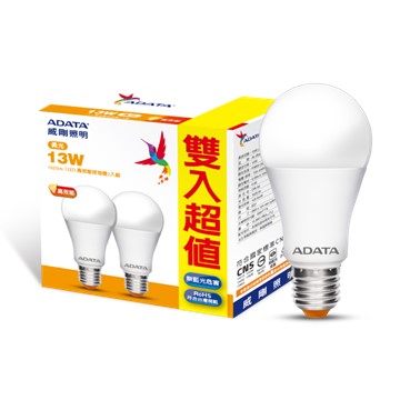 ADATA威剛13W高效能LED球燈泡-黃光(2入)