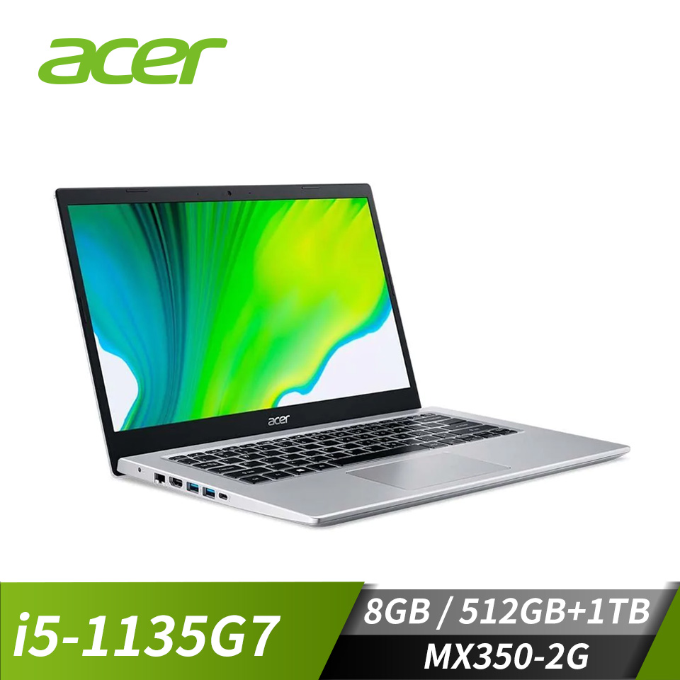 宏碁 ACER  Aspire 5 筆記型電腦 14" (i5-1135G7/8GB/512GB+1TB/MX350-2G/W11)銀