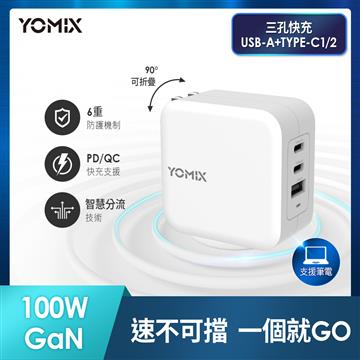 YOMIX 100W GaN氮化鎵三孔快充充電器