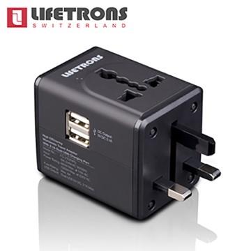 Lifetrons 雙 USB 多國旅行轉換插頭-黑