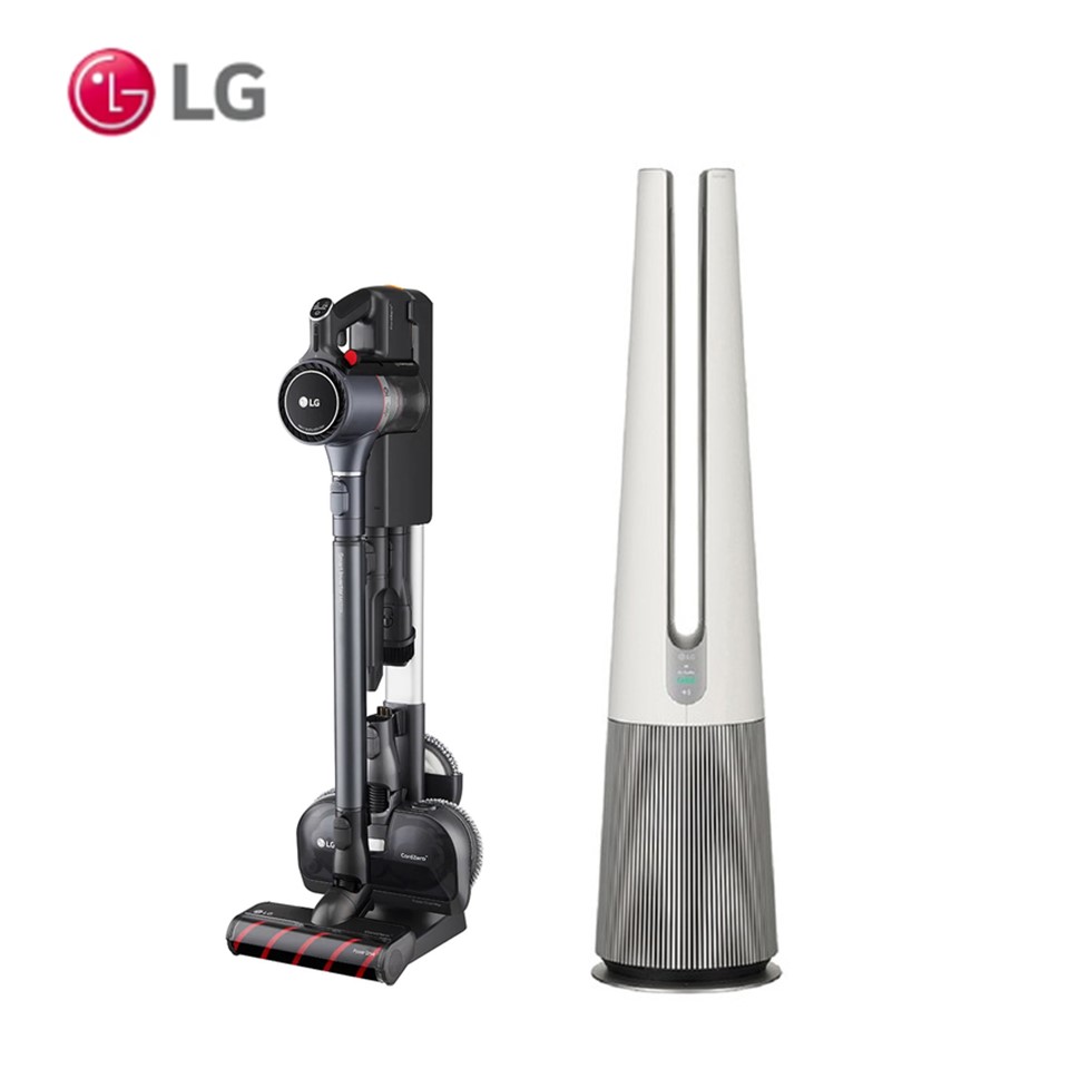 【組合】LG AeroTower空氣清淨機-UV版(象牙白)＋LG CordZero&#8482; A9 K系列濕拖無線吸塵器(鐵灰)
