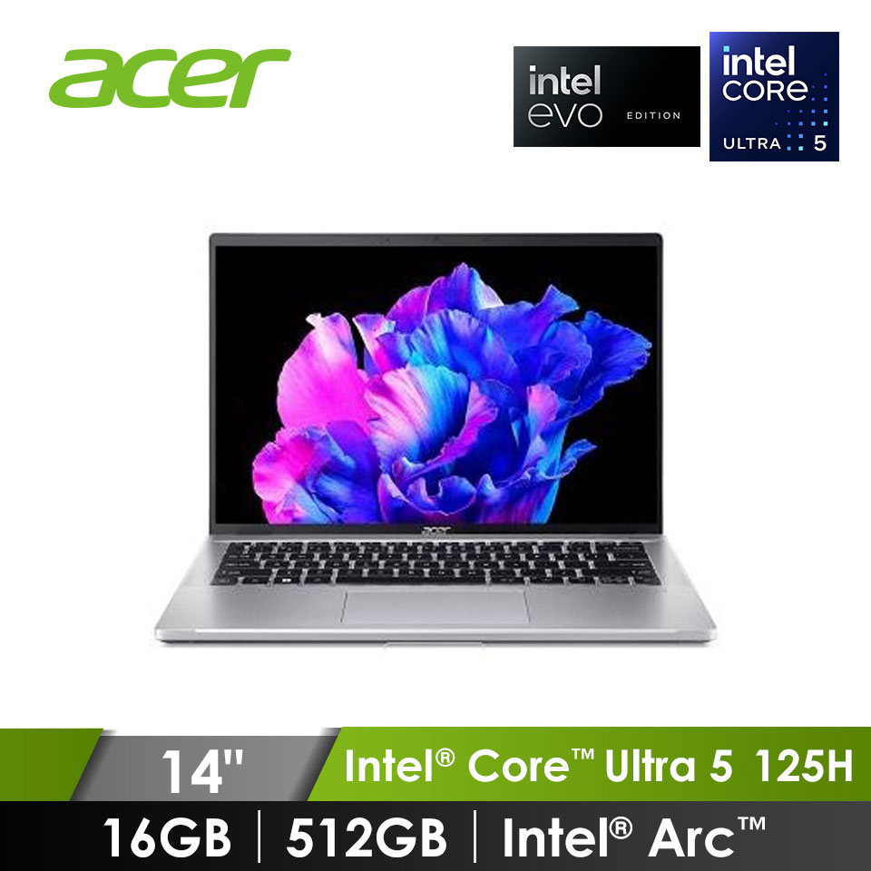宏碁 ACER Swift Go 筆記型電腦 14" (Intel Core Ultra 5 125H/16GB/512GB/Intel Arc/W11/EVO認證) 銀