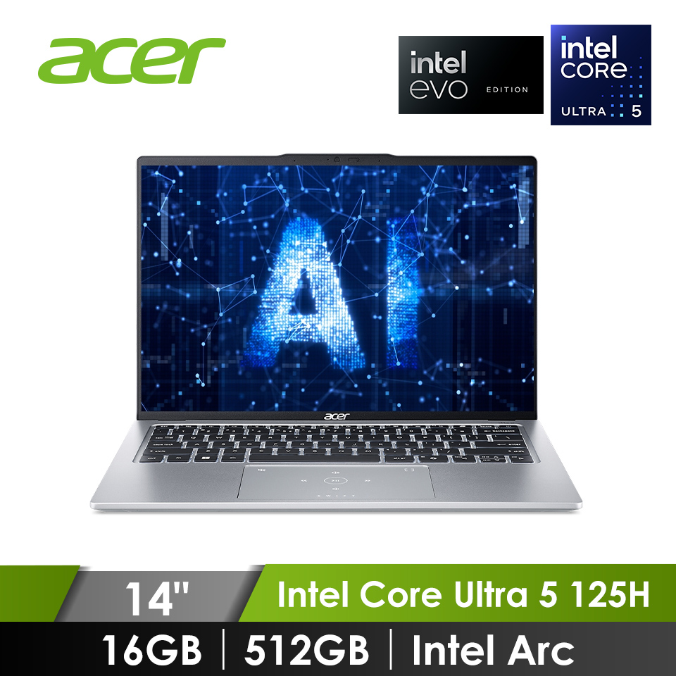 宏碁 ACER Swift Go OLED 筆記型電腦 14" (Intel Core Ultra 5 125H/16GB/512GB/Intel Arc/W11/EVO認證) 銀