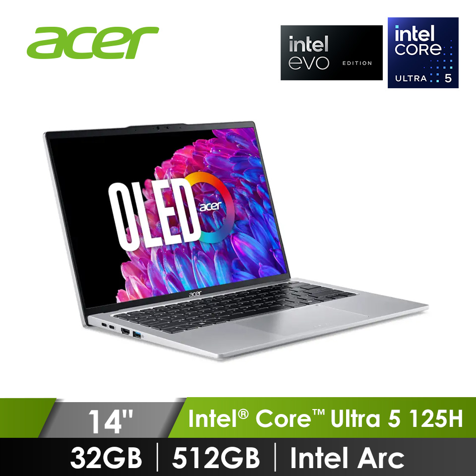 宏碁 ACER Swift Go OLED AI筆電 14" (Intel Core Ultra 5 125H/32GB/512GB/Intel Arc/W11/EVO認證) 銀