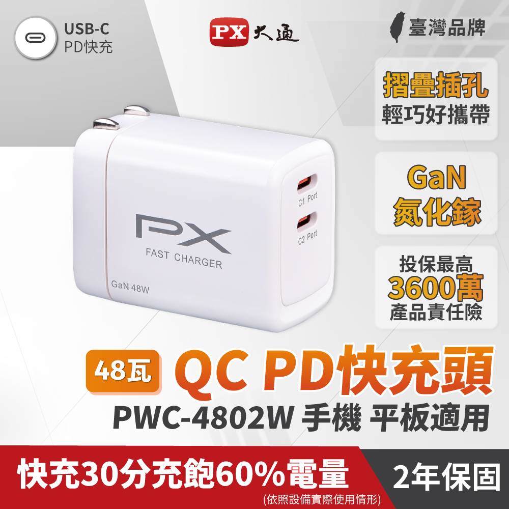 大通 雙TypeC 快充48W電源供應器-白