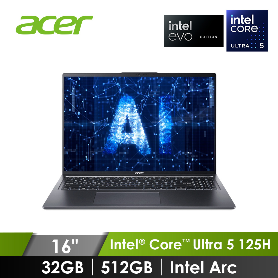宏碁 ACER Swift Go OLED 筆記型電腦 16" (Intel Core Ultra 5 125H/32GB/512GB/ntel Arc/W11/EVO認證) 銀