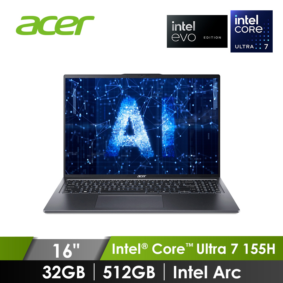 宏碁 ACER Swift Go 筆記型電腦 16" (Intel Core Ultra 7 155H/32GB/512GB/Intel Arc/W11/EVO認證) 灰
