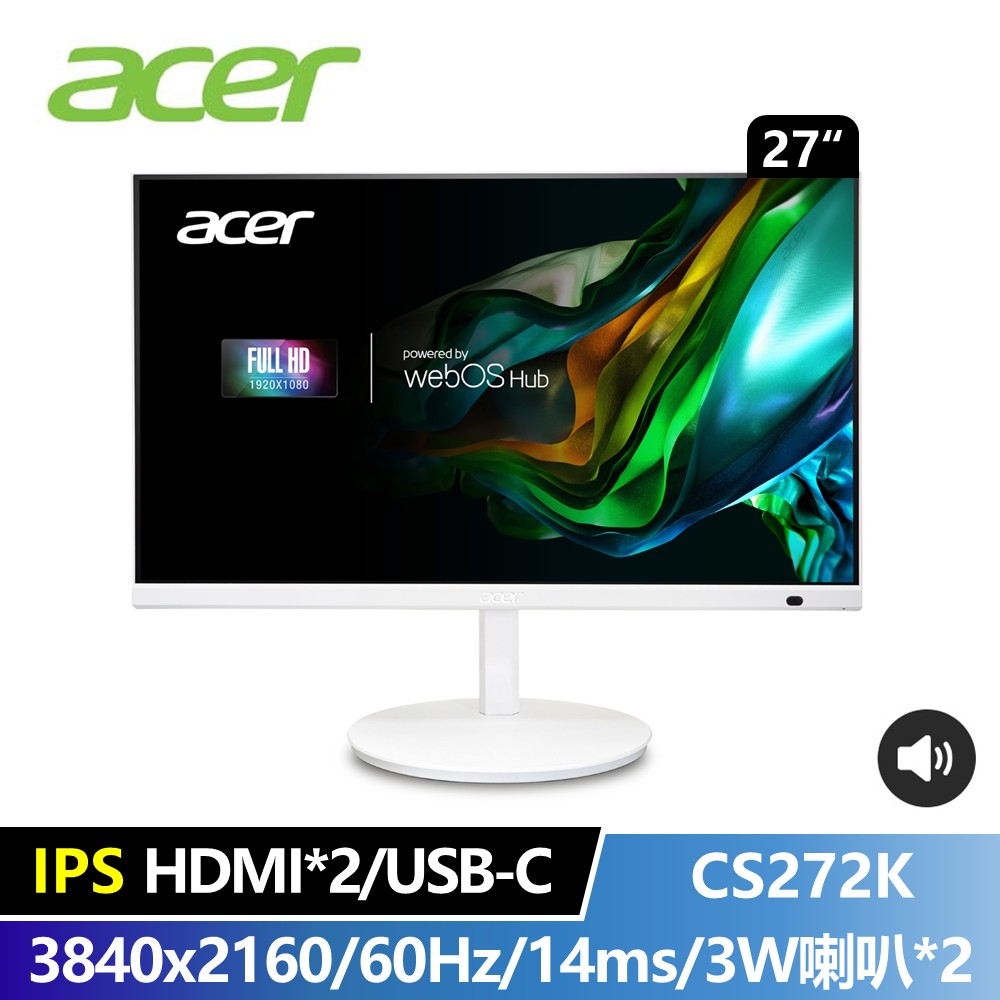宏碁 ACER 27型 4K IPS 智慧聯網螢幕 (3840x2160&#47;HDMI+USB-C&#47;3W喇叭*2&#47;WebOS)