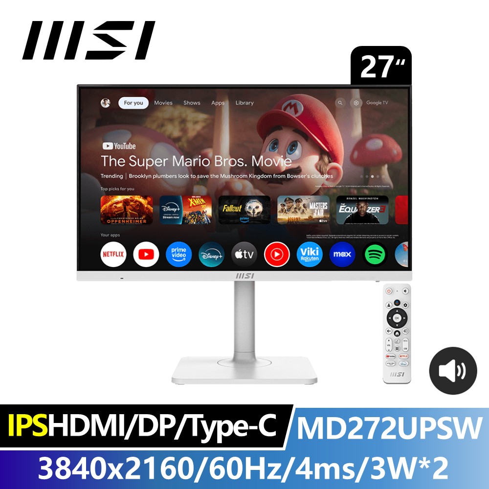 微星 MSI 27&#034; IPS 智慧聯網平面螢幕 (3840x2160&#47;UHD&#47;60Hz&#47;4ms&#47;喇叭)