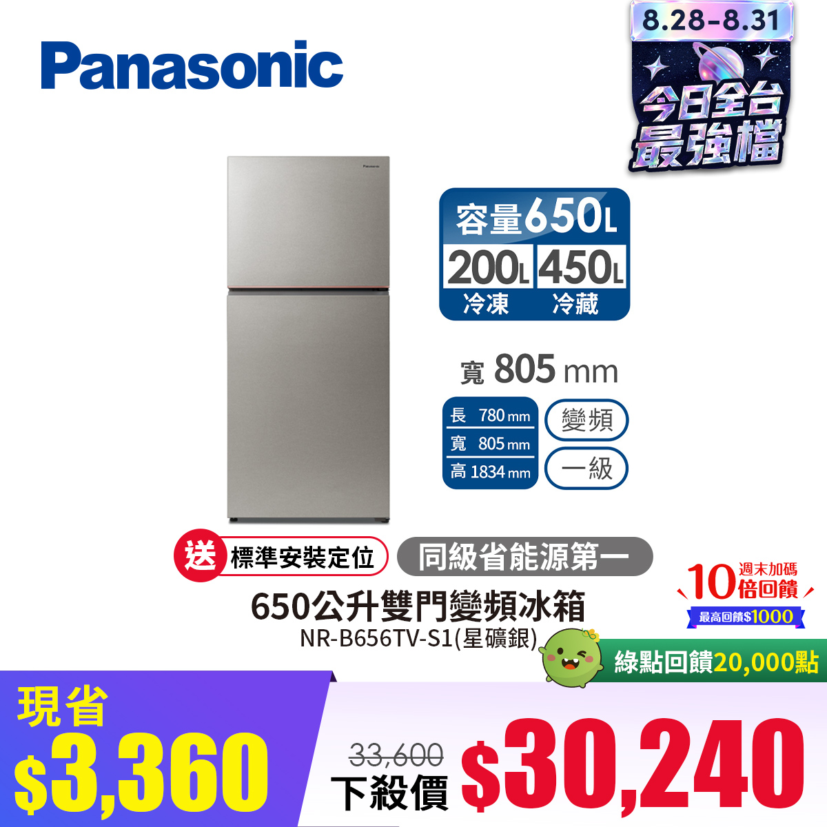 國際牌 Panasonic 650公升雙門變頻冰箱