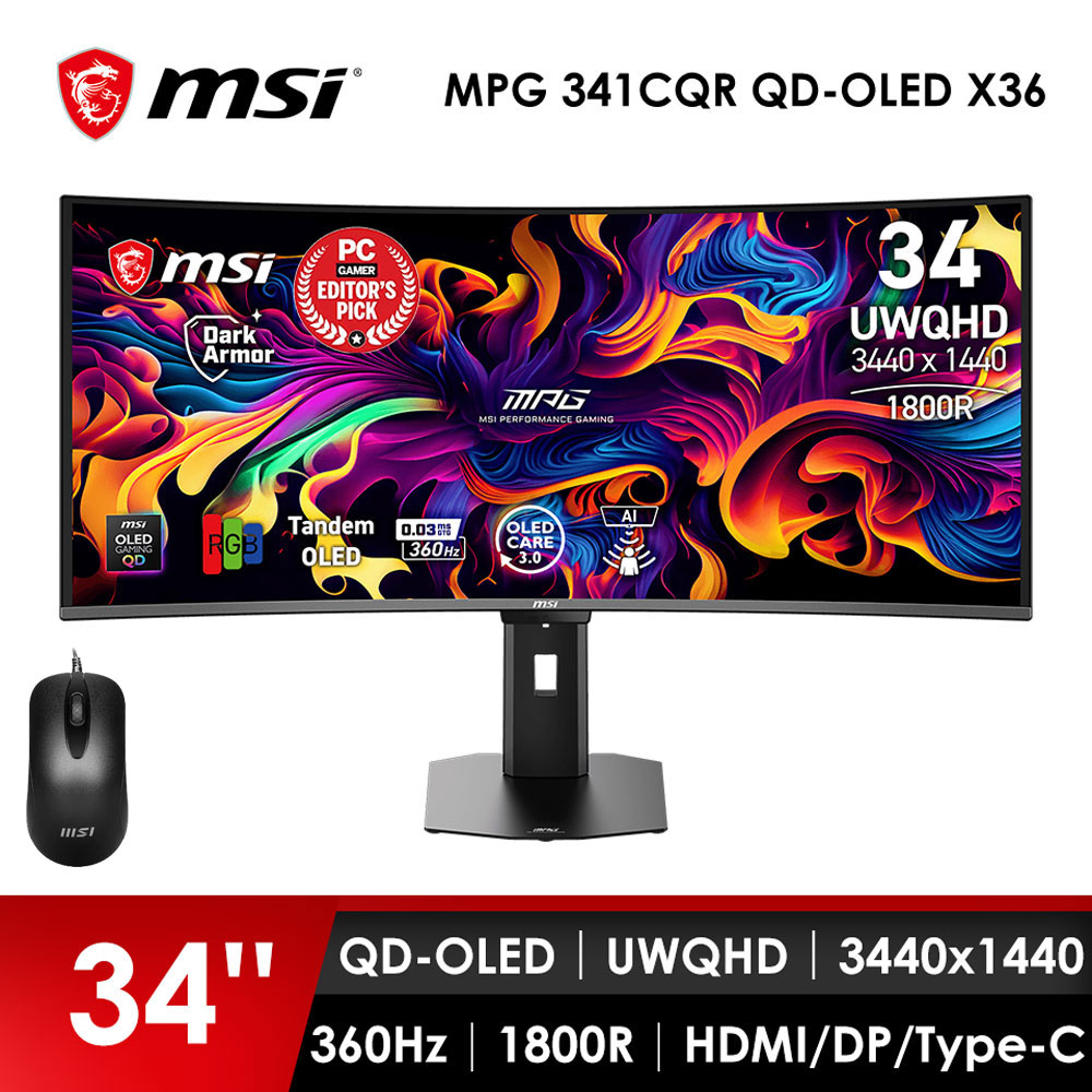 微星MSI 34型 UWQHD 曲面電競螢幕-加滑鼠 (34"/3440x1440/360Hz/0.03ms/QD-OLED/曲面)
